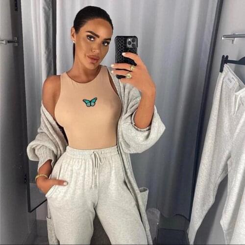 Embroydery Kawaii butterfly Sleeveless Sexy Bodysuit Women Off Shoulder White Basic Body Top Casual Streetwear Bodysuits Black