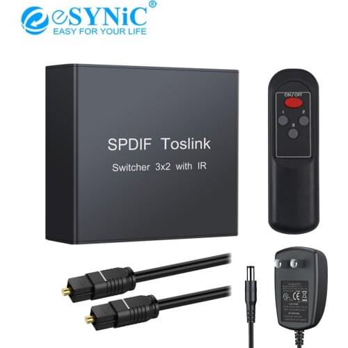 ESYNiC 3 In 2 Out Optical Switcher Splitter 3 Port Spdif Toslink Optical Switch 2 Way Digital Audio Splitter With Remote Control