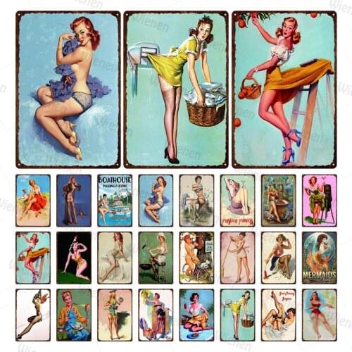 Glamorous Girl Retro Metal Sign Pub Bar Decoration Tin Sign Chic Pin Up Girl Home Decor Iron Plaque Wall Poster Retro Art Decor