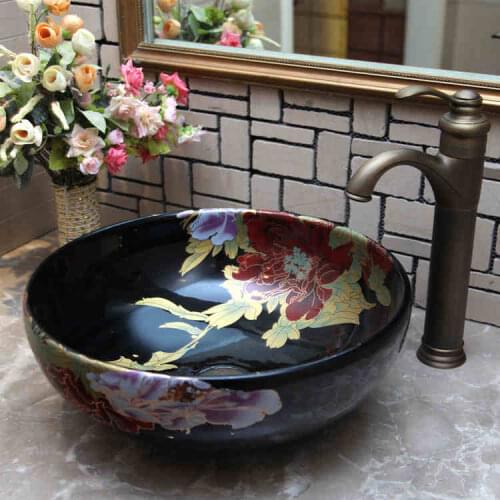 China Artistic Europe Style Counter Top painted sink porcelain black peony ceramic wash basin bathroom sink