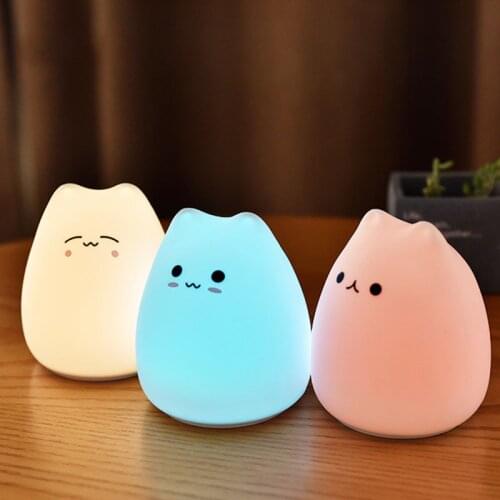 Mini Cute Silicone Cartoon Cat LED Night Light Baby Room Lamp Charging Desktop Ornaments Battery/USB Charge High Quality