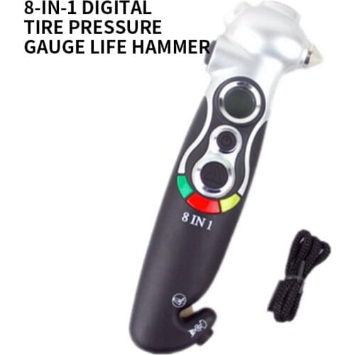 Multifunct Lifesaving Safety Hammer 8-in-1 Digital Tire Pressure Gauge Lifesaving Hammer Window Breaker Escape Hammer Flashlight