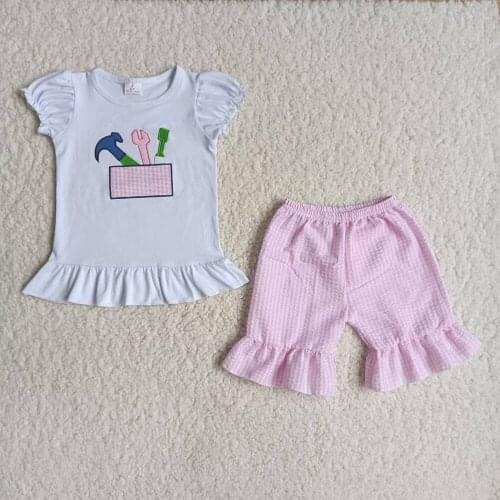 Boutique Kids Summer Fashion Outfits Girl Embroidery Craft Top And Seersucker Shorts Toddlers Cute Ruffle Clothing Set