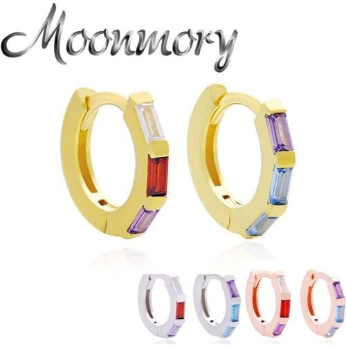 Moonmory 925 Sterling Silver Rainbow Square Zircon Hoop Huggies Earring For Women Colorful Crystal Female Earring Jewelry Bijoux