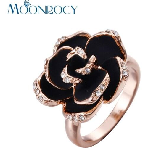 MOONROCY Rose gold Color Crystal Rings Jewelry for Women Vintage Trendy CZ Black Rose Flower Ring Gift Party Dropshipping
