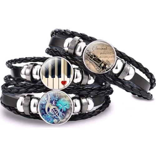 Steampunk Musical Instrument Piano Guitar Clarinet Flute Music Black Leather Bracelet Music Note Jewelry for Men Birthday Gifts