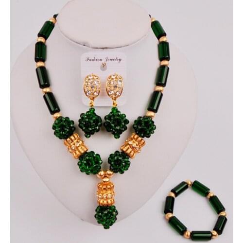 Lovely Dark Green Nigerian Wedding African Beads Necklace Costume Jewelry Set ZQ4-8