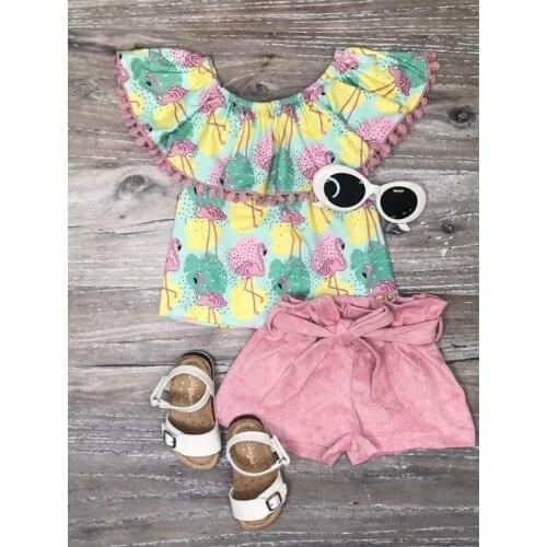 FOCUSNORM 0-5Y Summer Toddler Girls Clothes Sets Flamingo Print Ruffled Collar Tops + Solid Color Shorts