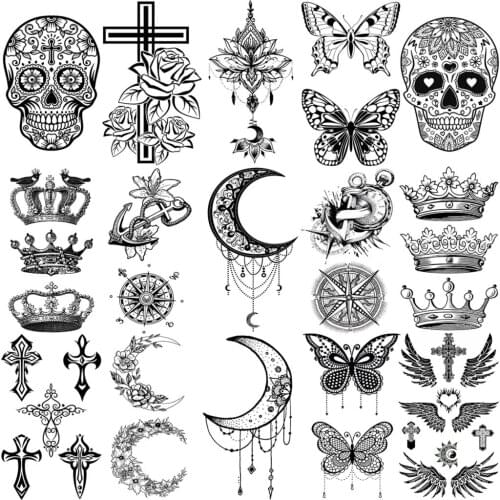 Moon Pendant Lotus Butterfly Temporary Tattoos For Women Adult Kids Hands Skull Cross Anchor Fake Tattoo Crown Neck Small Tatoos