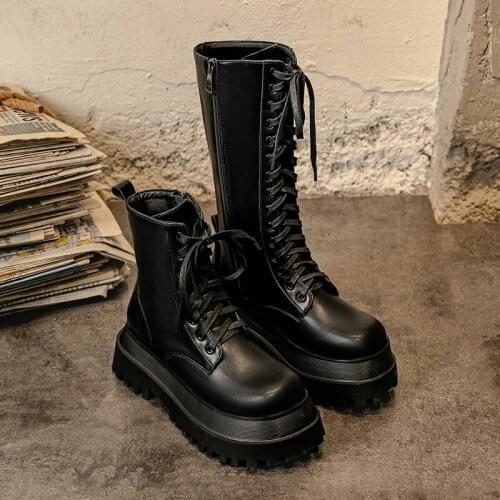 Women Chunky Platform Boots Leather Mid Calf Equestrian Boots Cross-tied Motorcycle Botas Brand Women Boots Ladies Long Boots