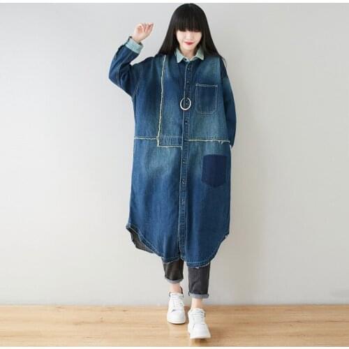 2020 female new spring plus size outerwear washed personality hair beard stitching long retro shirt round lapel denim trench