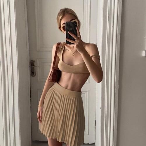 Women Fashion 2-piece Outfit Set Sleeveless Knitted Crop Tank Tops + Higj Waist Pleated Skirt Set Black/White/Khaki