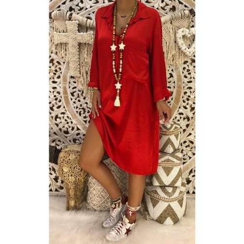 S-XL women turn-down collar long sleeve midi dress pure color pocket dress autumn spring casual leisure dress