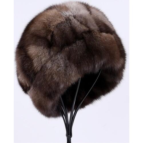 Unisex Winter Warm 100% Sable Fur Hat Mens Bucket Cap Womens Luxury Real Fur Beanie Hats Natural Brown Color