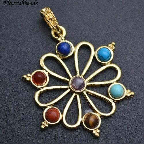 10pc Popular Mix Small Stone Cabochons Paved Metal Round Flower Chakra Charm Pendants Fashion Energy Jewelry