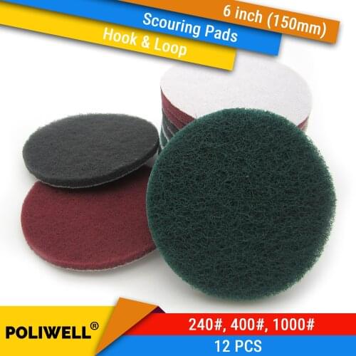 12PCS 6 Inch 150mm Round Hook&Loop Industrial Scouring Pads Heavy Duty 240/400/1000 Grit Nylon Scrub Pad for Cleaning