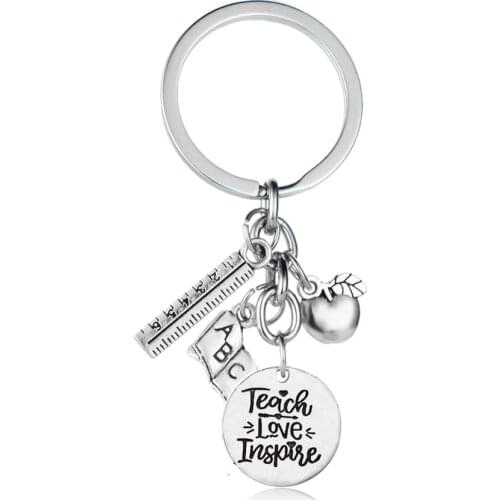 12PCs Wholesale Teache Love Inspire Teachers Gifts Keyring Keychain Apple Book Ruler Charm Key rings Key Chains