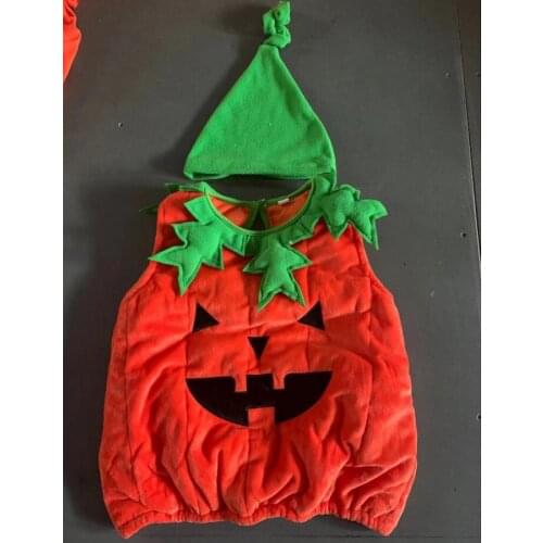 2Pcs Newborn Baby Kids Halloween Day Outfit Set Velvet Pumpkin-Shaped Sleeveless Vest Top + Knotted Hat Suit for Toddler Kids