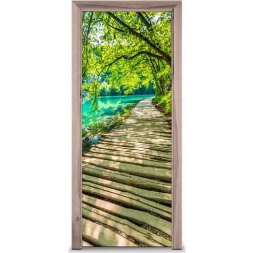 3D Door Sticker Riverside Wood Bridge Wall Sticker DIY Door Cover Kitchen Home Decoration Accessories Modern 3d Wall Stickers