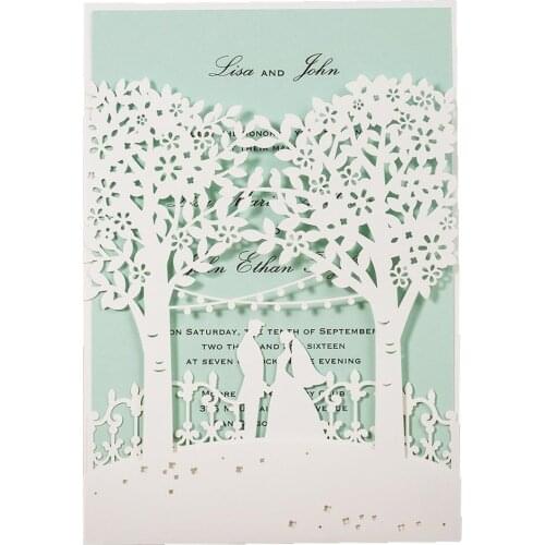 50Pcs White Bride GroomTree Laser Cut Wedding Invitations Card, with Envelope and Blank Mint & Pink Insert [ I Love You First ]