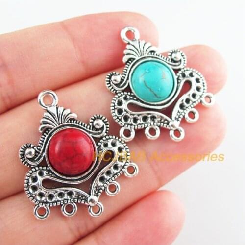 6Pcs Retro Tibetan Silver Tone Flower Heart Blue&Red Stone Charms Connectors 26x31mm