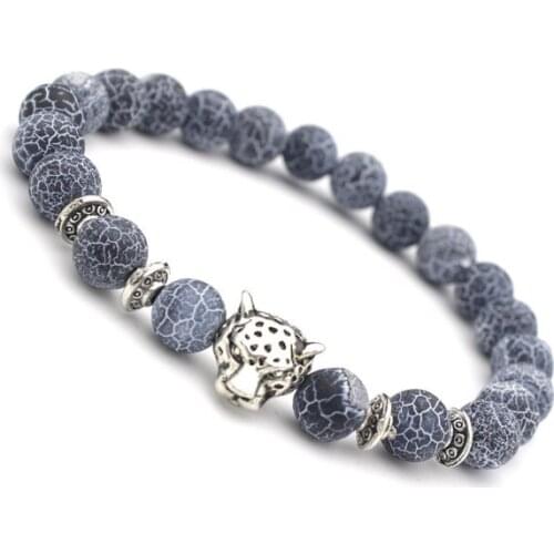 8mm elastic thread Reiki Buddha Prayer Yoga Bracelet hs123 adjusted black weathered bead agate Leopard head Bangles