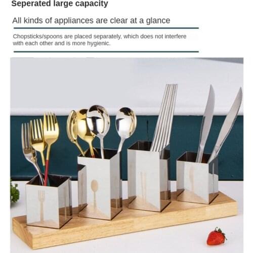 94PF Silverware Holder Countertop Flatware Caddy Storage Box Drain Rack Stainless Steel Utensil Organizer with Wooden Base