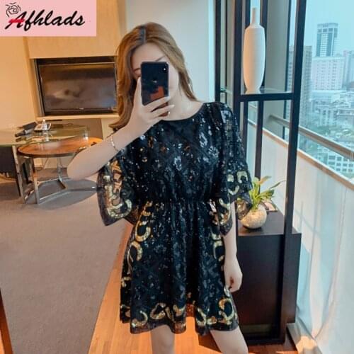 Black Mesh Sequins Loose Thin Summer Dress Ladies Half Sleeves Round Neck Fashion Elastic Waist Mini Party Vestidos Dress