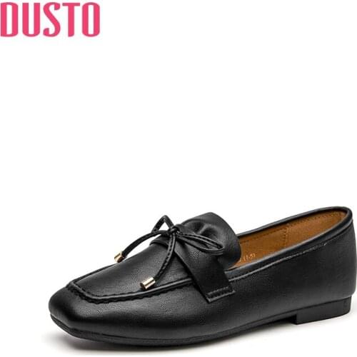 DUSTO 2021 new autumn low heel square heel bow decorative small leather shoes womens shoes