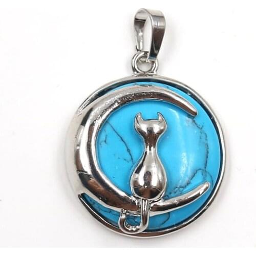 FYSL Silver Plated Moon and Cat Blue Turquoises Stone Pendant Green Aventurine Charm Jewelry