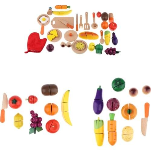 Play Food Set Kids Pretend Wooden Cutting Fruits and Vegetable Toy Games
