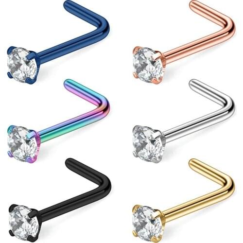 JFORYOU 6PCS 22G Surgical Steel Mix Color CZ Nose Stud Rings L Shaped Piercing Jewelry 1.5mm 2mm 2.5mm 3mm
