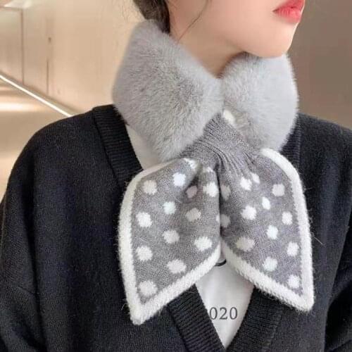Korean Polka Dot Stitching Plush Warm Scarf Winter Faux Rabbit Fur Thicken Cross False Collar Neck Guard Knit Women Scarves Q38