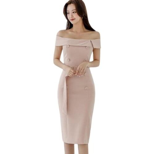 Summer Dress Korean Slash Neck Dinner Women Dresses Elegant Pink Vintage Bodycon Bandage Bithday Midi Wrap Party Sexy Clothes