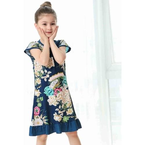 Summer Latest Floral Printing Dresses for Kids Girls Party Cartoon Flowers Dress Pajama Gowns for Toddler Childrern Homewears