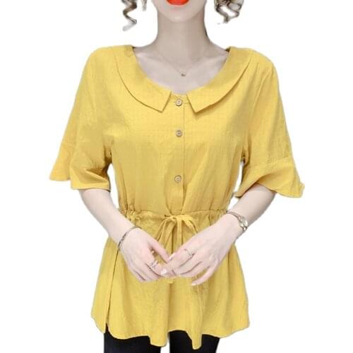 Fashion drawstring shirt womens summer 2021 new waist temperament baby doll shirt trumpet sleeve solid color top A536