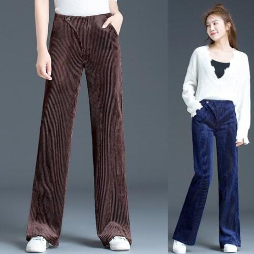 Fashion Fall Winter Women Ladies Corduroy Wide Leg High Waisted Red Navy Trousers , Spring Female Woman Loose Straight Pants