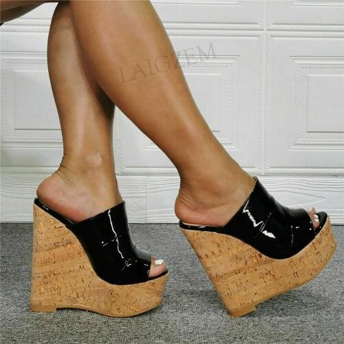 SEIIHEM FASHION Women Platform Wedges Slip On Shiny Shoes Woman Mules Frauen Sandalen Height Increase Big Size 38 41 44 47 50 52