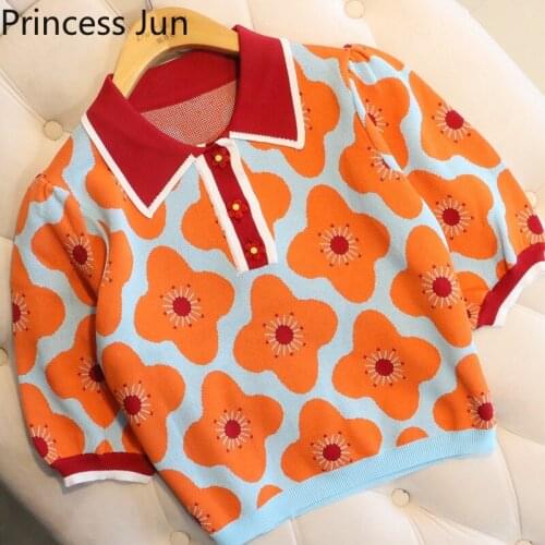 New Spring Summer Women Flower Knitted T Shirt Short Puff Sleeve Turn Down Collar Sweater Crop Top Retro Slim Bottoming Shirt