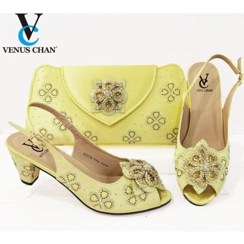 New Arrival Yellow African Women Matching Italian Shoes and Bag Set Decorated with Rhinestone Italian Ladies Shoe and Bag