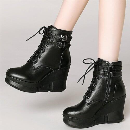 Lace Up Oxfords Shoes Women Cow Leather Wedges High Heel Ankle Boots Female Round Toe Chunky Platform Pumps Shoes Casual Shoes