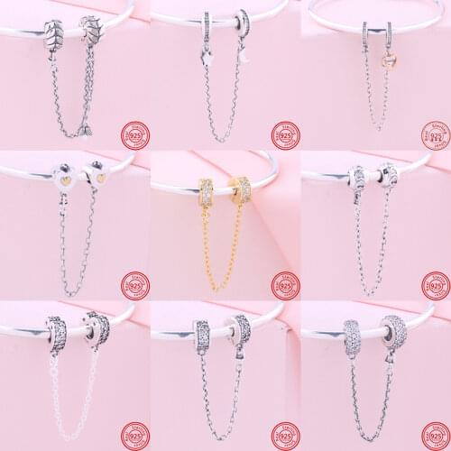 925 Silver Star Moon Bee Dangle Charm Safety Chain Clip Beads Fit Original Pandora Bracelet Women Girl DIY Jewelry Birthday Gift