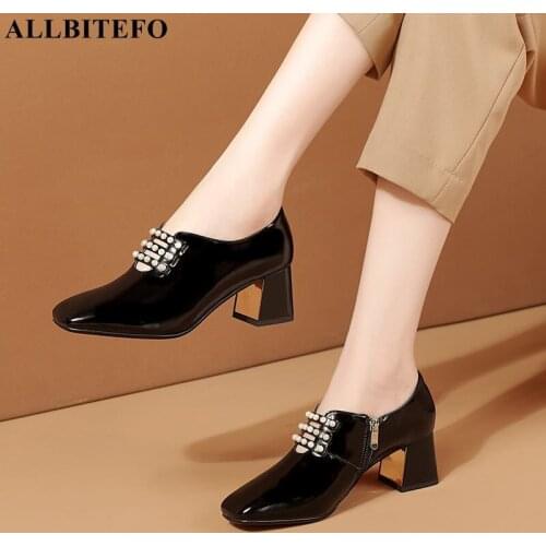 ALLBITEFO Size 33-42 Square Toe Bead Design Real Genuine Leather High Heel Shoes Spring Street Fashion Casual Women Heels Shoes