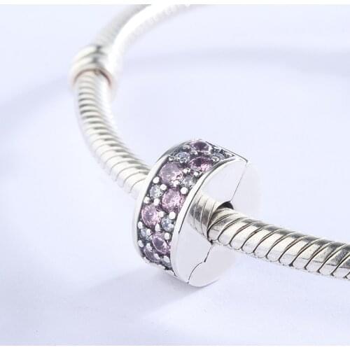 925 Sterling Silver CZ Zircon White And Pink Pave Clip Pendant Charm Bracelet DIY Jewelry Making For Original Pandora