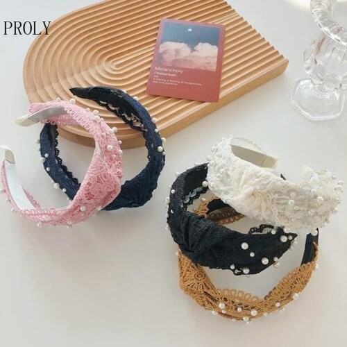 PROLY New Fashion Hair Accessories For Women Lace Pearls Hairband Casual Fresh Color Headband Turban