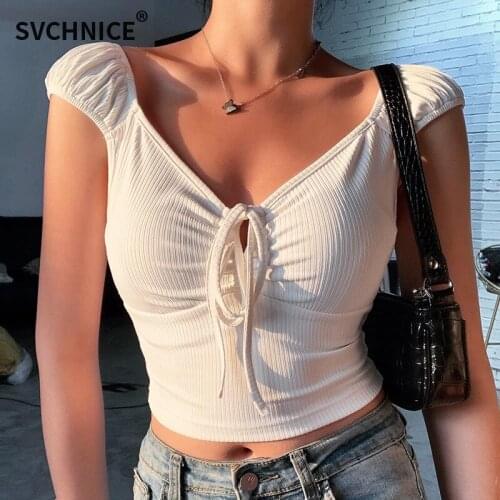 Bandage V Neck Sexy Womens Tee Shirt Short Sleeve Purple White Crop Top Female Summer Clothing Slim T-shirt Women Black
