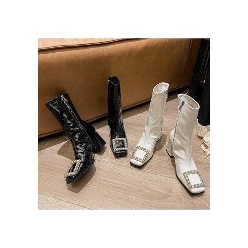 Womens Shoes Ankle Boots Square Toe Crystal Buckle Autumn New Thick High Heel Fashion Causal Motorcycle Chaussure Femme
