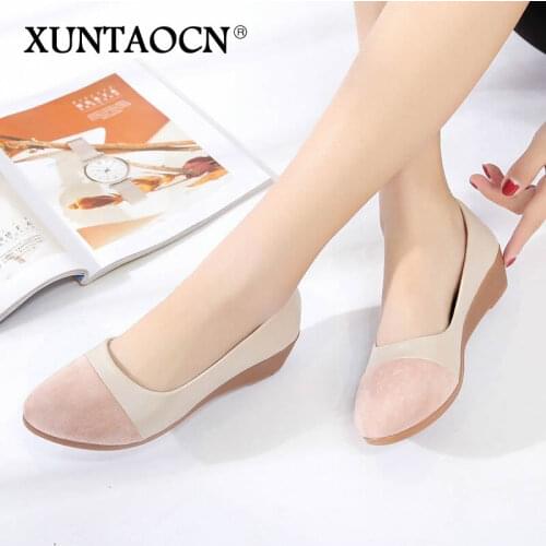 2021 Summer Ladies Slip On Suede Shallow Commuter High Heels Pumps Womens Spliced Leather Office Wedges Boat Shoes Size 36-40