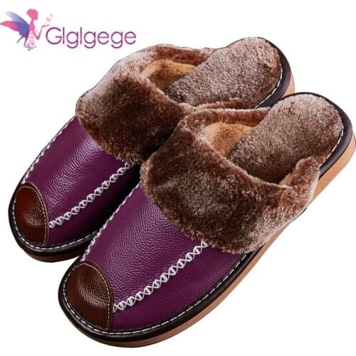 Glglgege Ladies Slippers Winter Genuine Leather Home Indoor Non-Slip Thermal Woman Slippers 2019 Warm Slippers Winter Couple