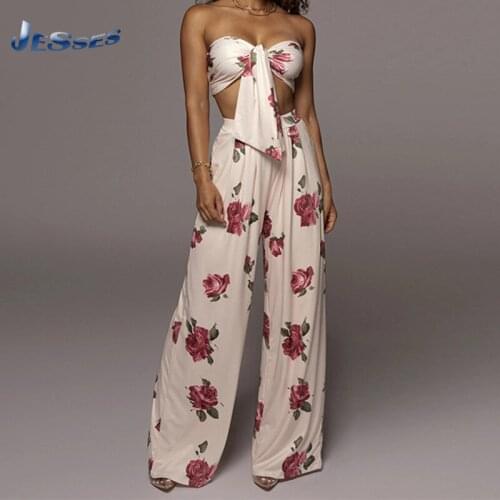 Flower Printed Tube Top Set Elegant Wide Leg Pants Suit Two-piece Sleeveless Backless Crop Tops + High Waist Trouser Lady Outfit